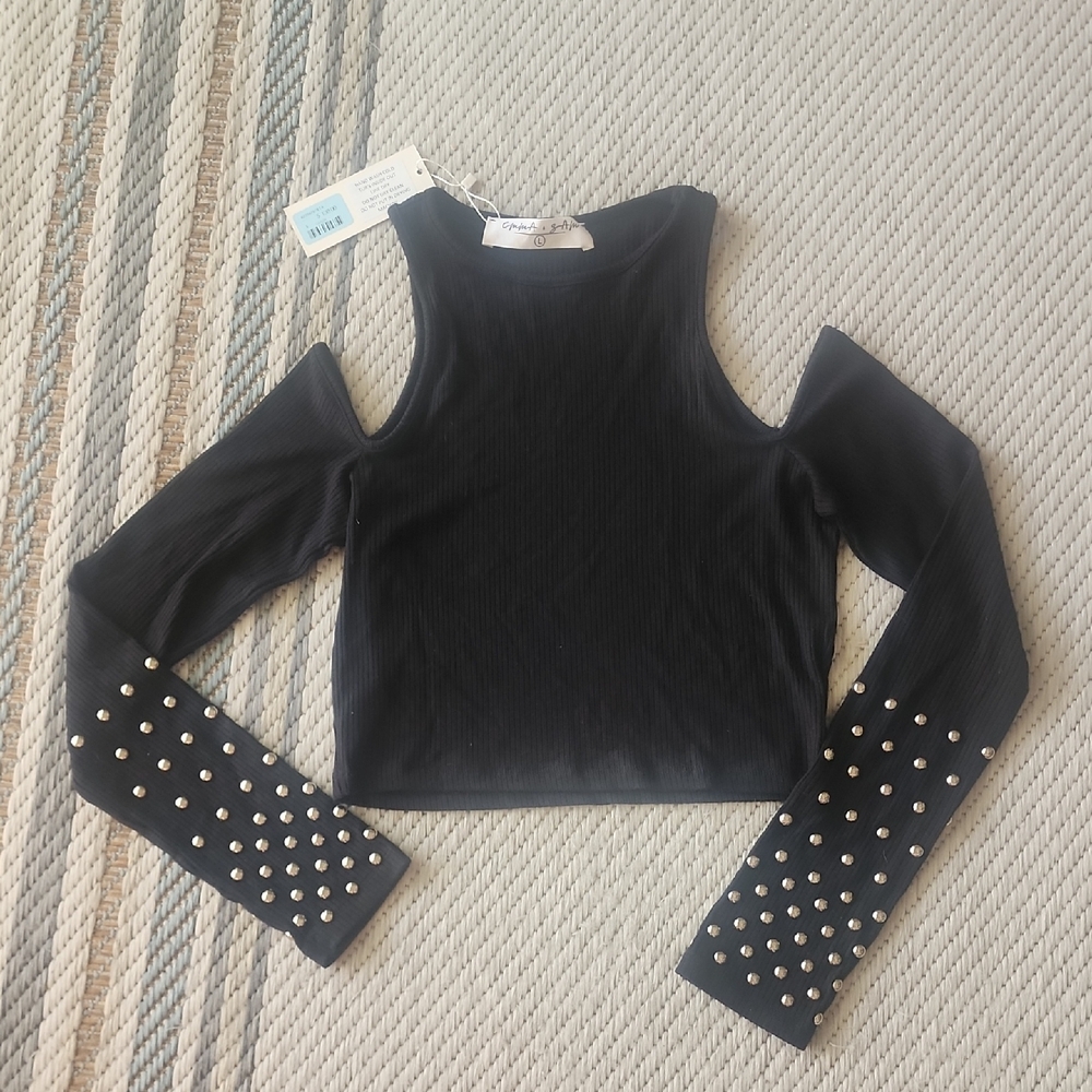 Cold-Shoulder Black Ribbed Crop Top with Studded Sleeves